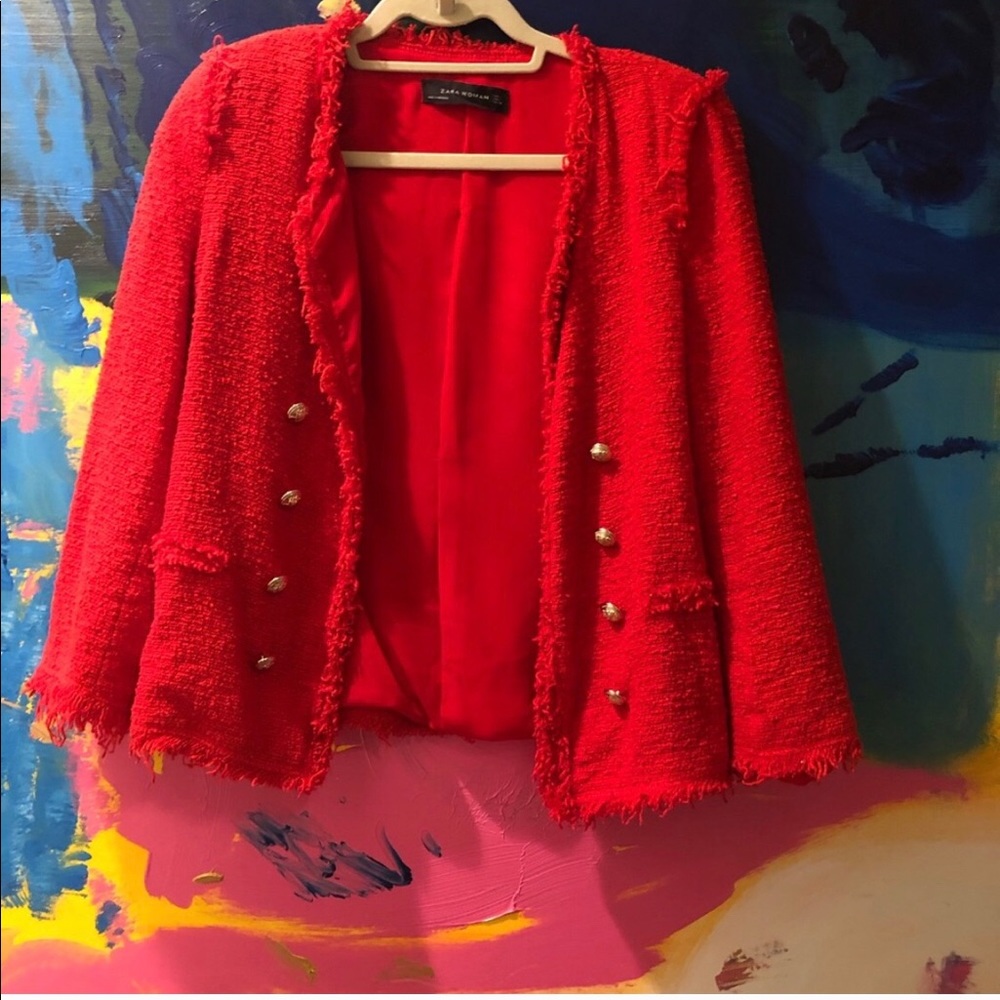 Rare Boucle / Textured Red Zara Blazer L with Gold Buttons